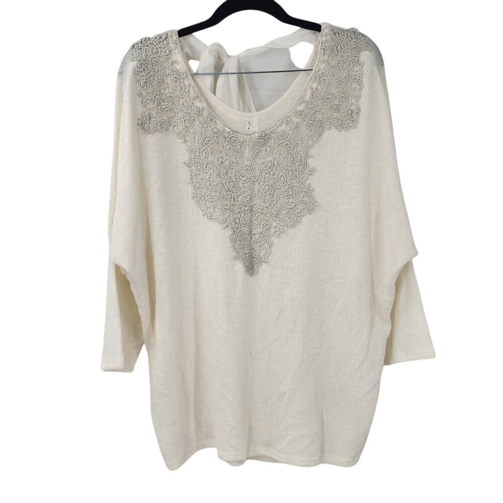 STUDIO Y White Dolman Sleeve Tie Neck Top Womens Size Extra Large XL